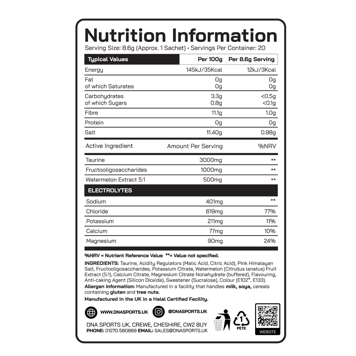 DNA Sports Hydra V2 nutrition facts